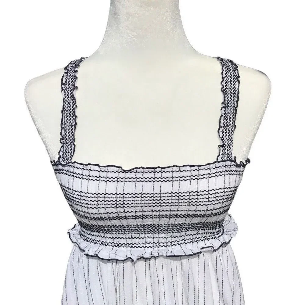 Pinko Basso White Black Striped Smocked Peasant Sundress Midi Dress Size S - Picture 7 of 11